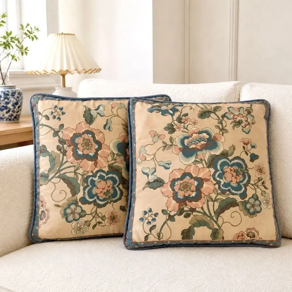 Pair Vintage Floral Cotton Throw Pillows Blue Suede Piping 17.5” Grandmillennial